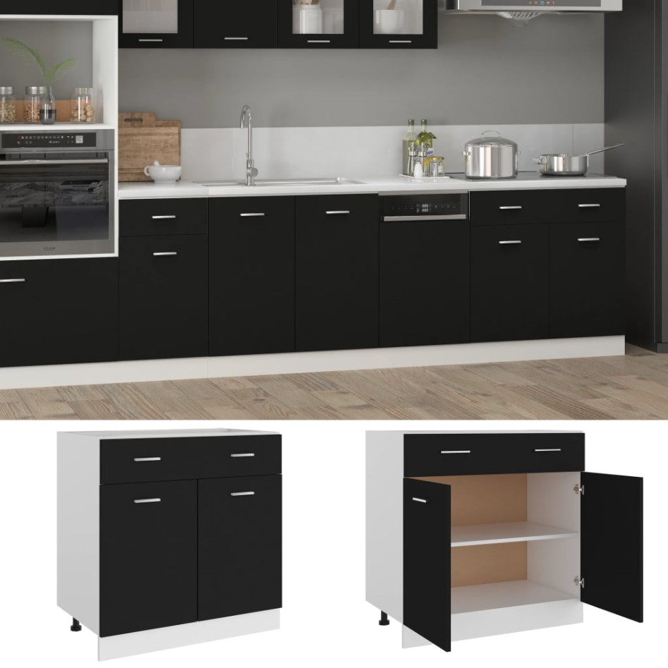 Mueble inferior de cocina madera ingeniería negro 80x46x81,5