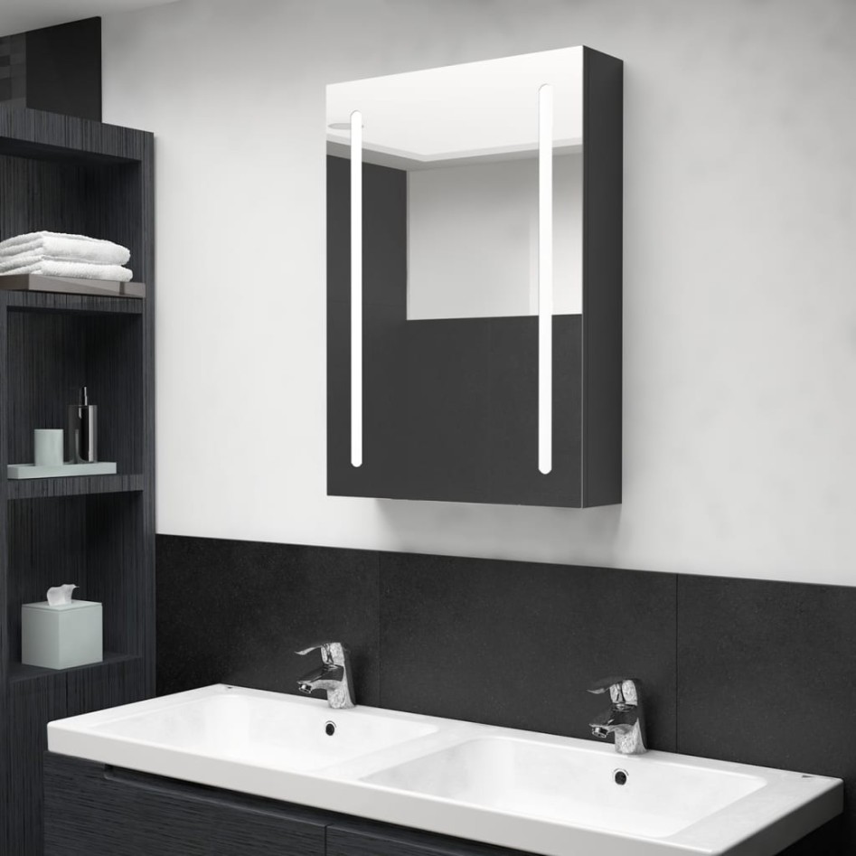 Armario de baño con espejo LED negro brillante 50x13x70