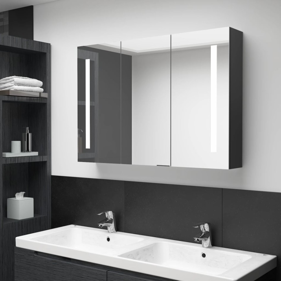 Armario de baño con espejo LED negro brillante 89x14x62