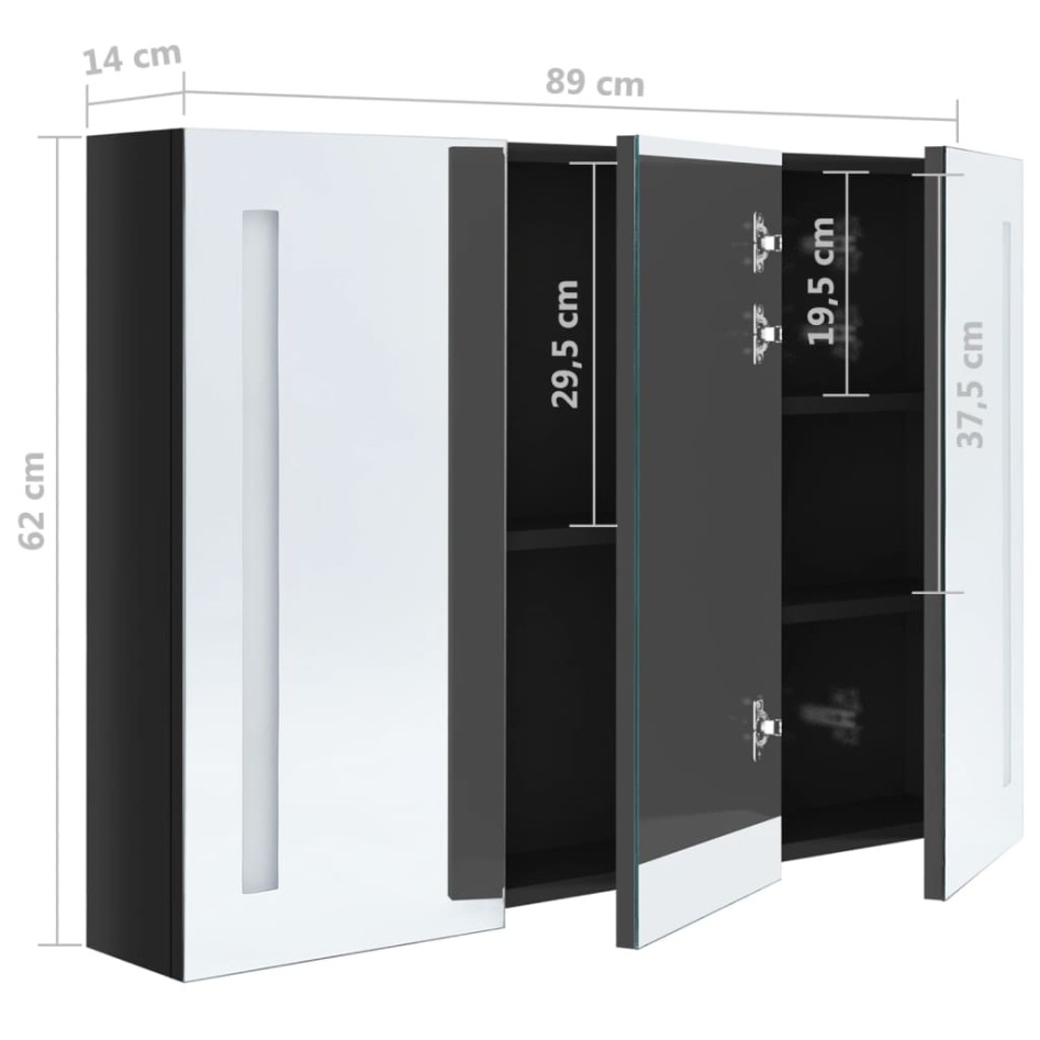 Armario de baño con espejo LED negro brillante 89x14x62