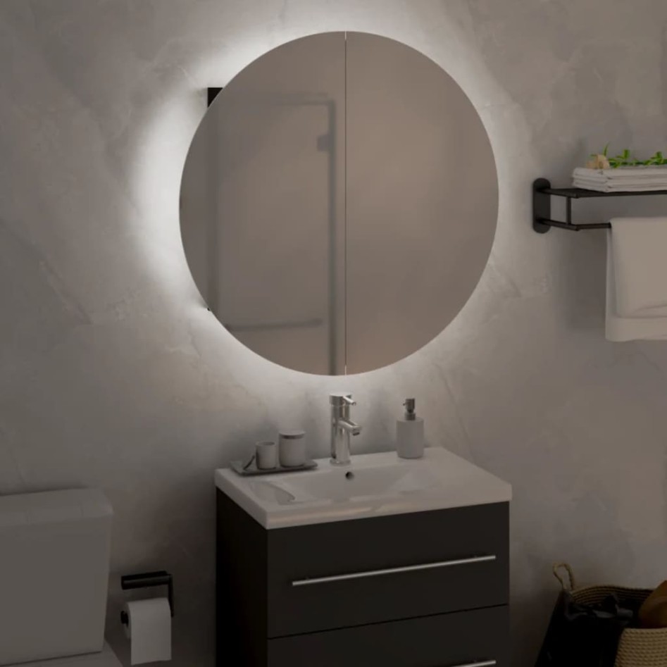 Armario de baño con espejo redondo y LED negro 47x47x17,5