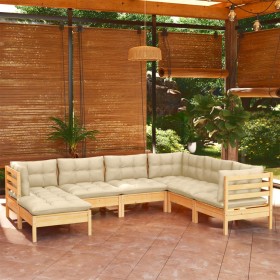 Muebles de jardín 7 pzas y cojines madera maciza de pino