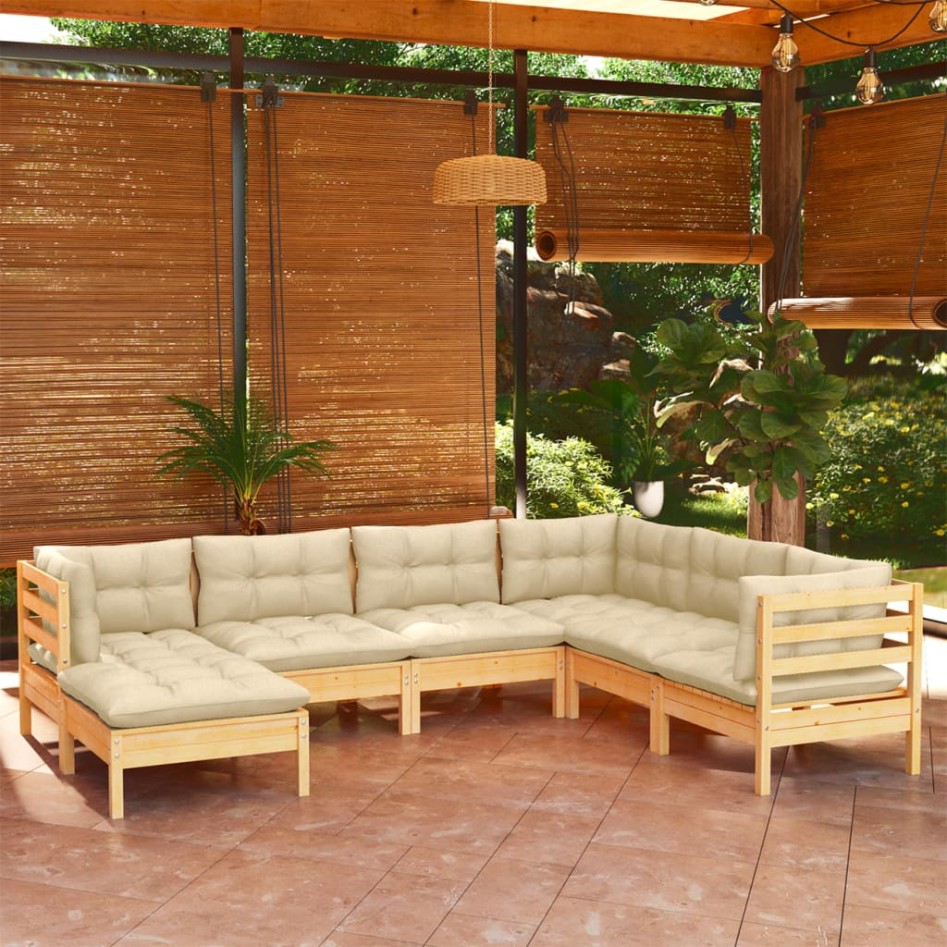 Muebles de jardín 7 pzas y cojines madera maciza de pino
