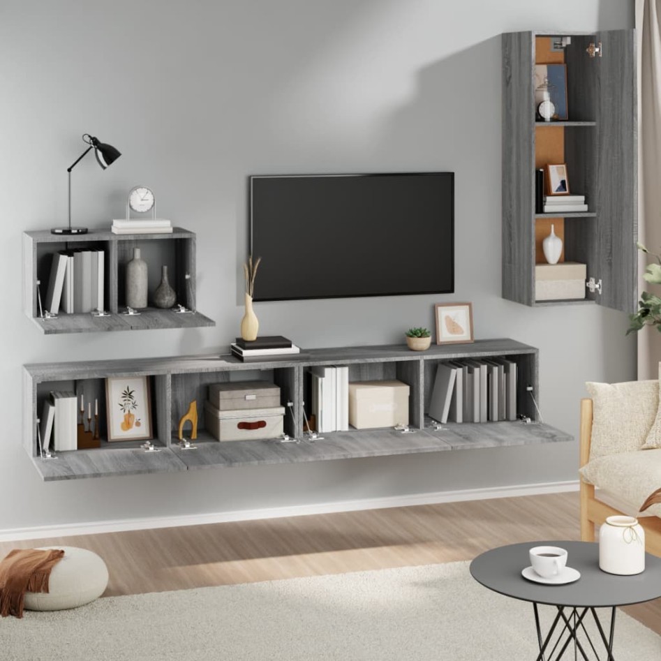 Set de muebles para TV 4 pzas madera contrachapada gris