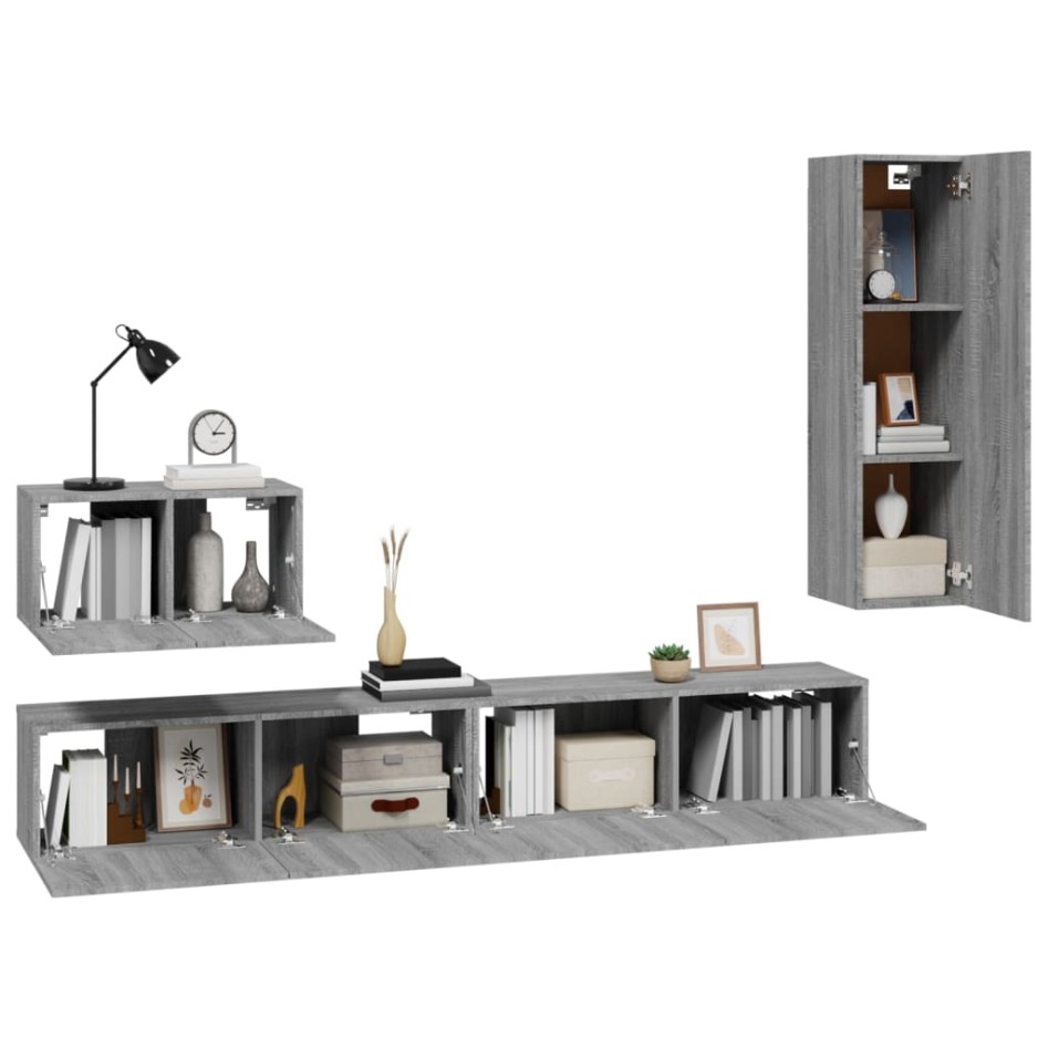 Set de muebles para TV 4 pzas madera contrachapada gris