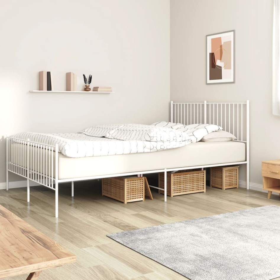 Estructura cama metal con cabecero y estribo blanco 160x200