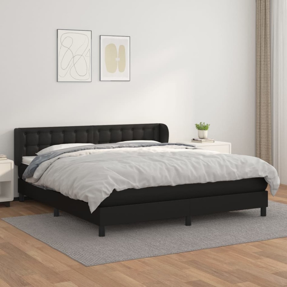 Cama box spring con colchón cuero sintético negro 180x200
