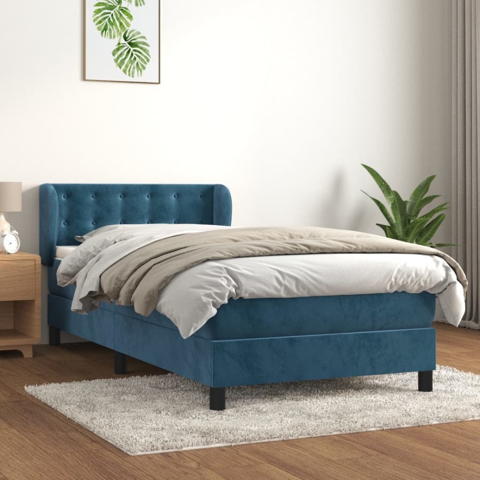 Cama box spring con colchón terciopelo azul oscuro 100x200