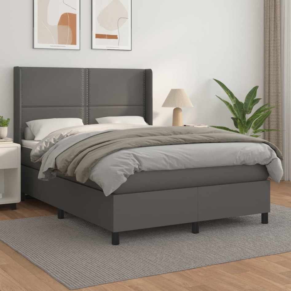 Cama box spring con colchón cuero sintético gris 140x190