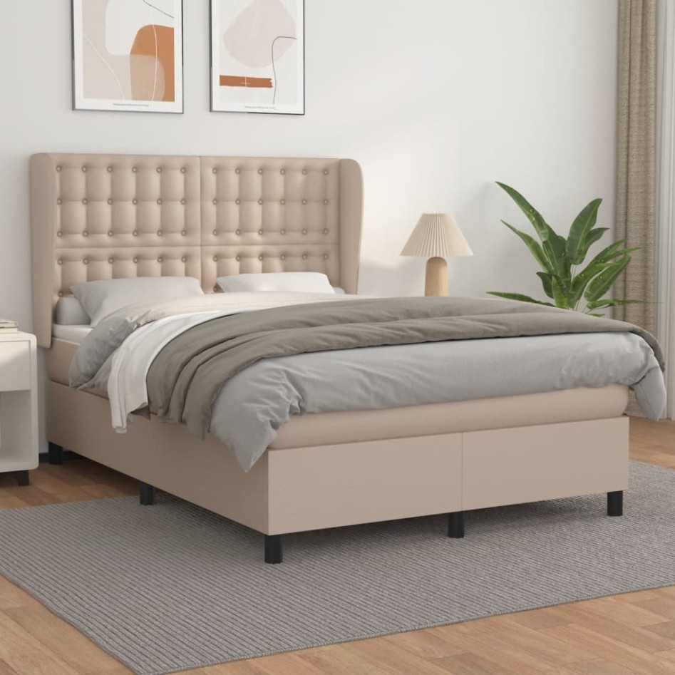 Cama box spring con colchón cuero sintético capuchino