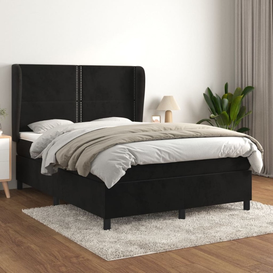 Cama box spring con colchón terciopelo negro 140x190