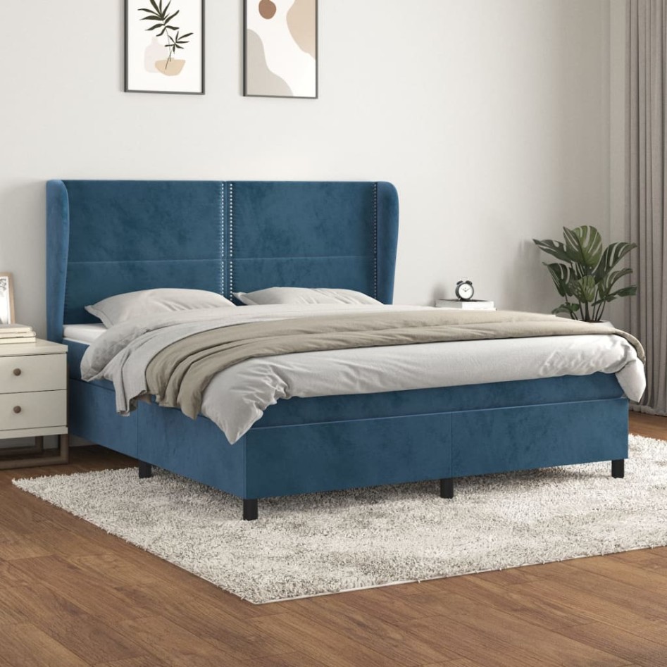 Cama box spring con colchón terciopelo azul oscuro 160x200