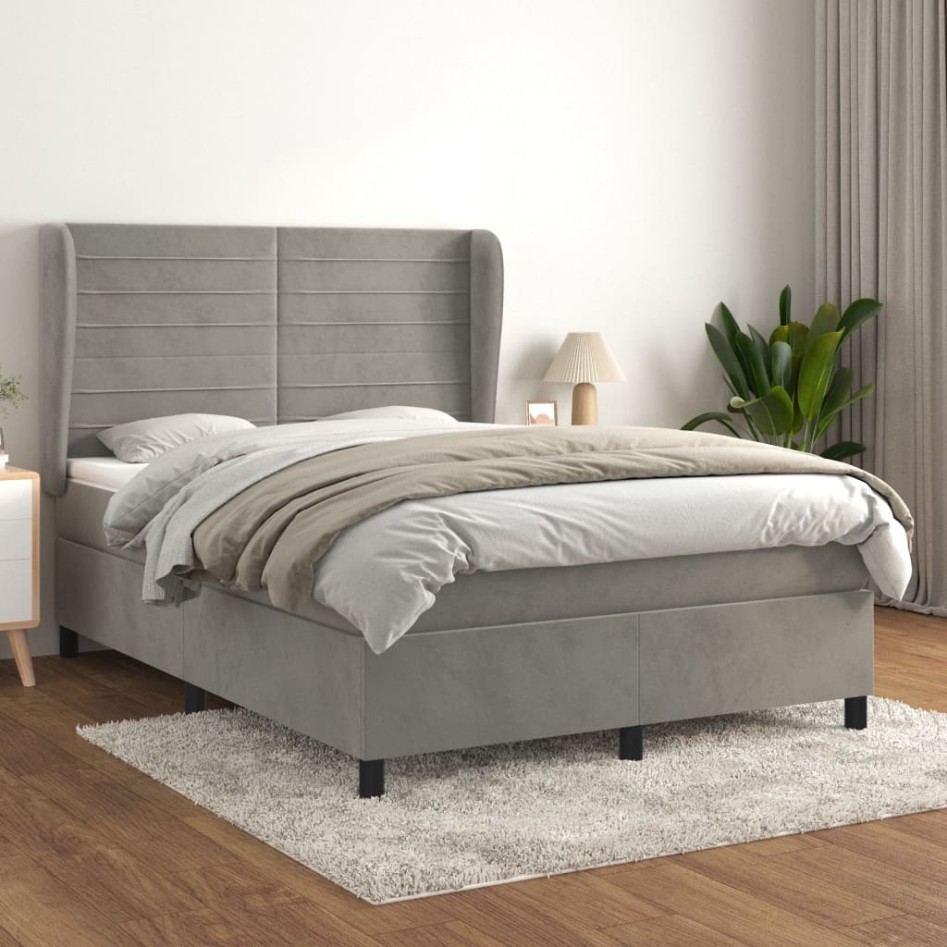 Cama box spring con colchón terciopelo gris claro 140x200
