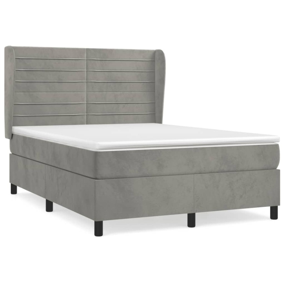Cama box spring con colchón terciopelo gris claro 140x200