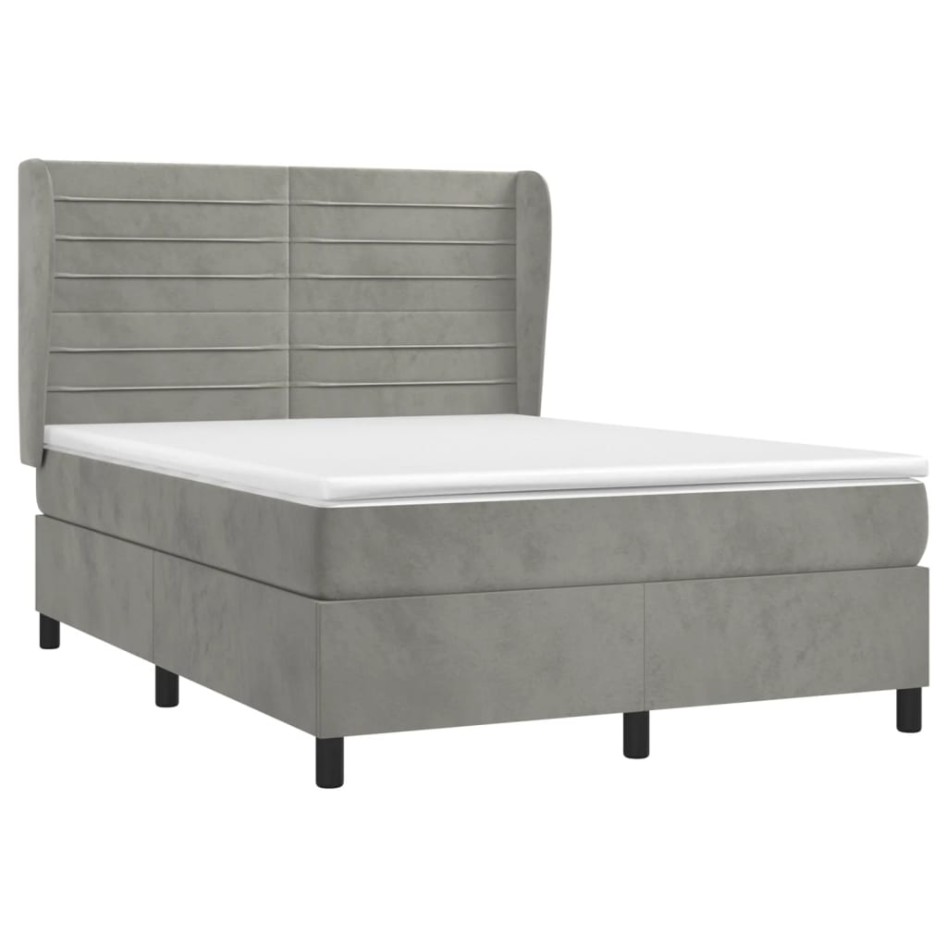 Cama box spring con colchón terciopelo gris claro 140x200