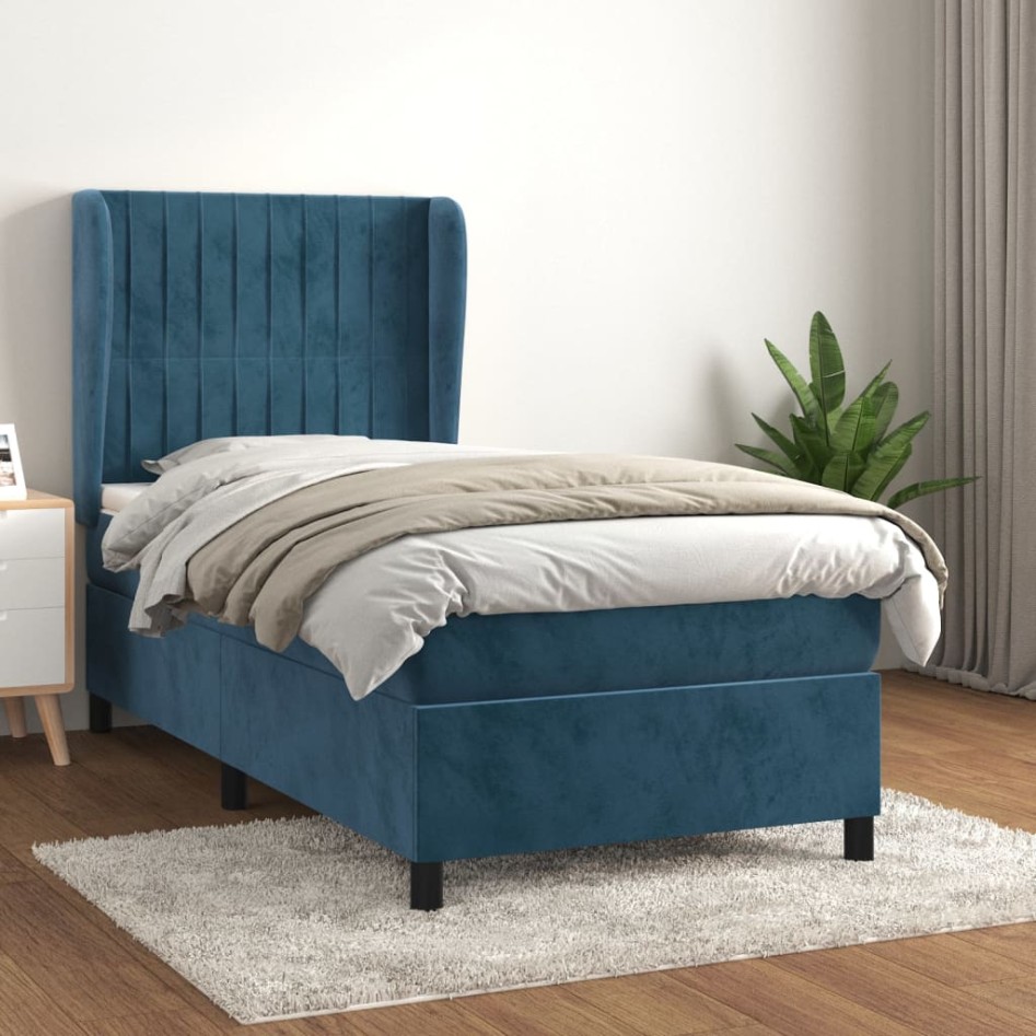 Cama box spring con colchón terciopelo azul oscuro 80x200