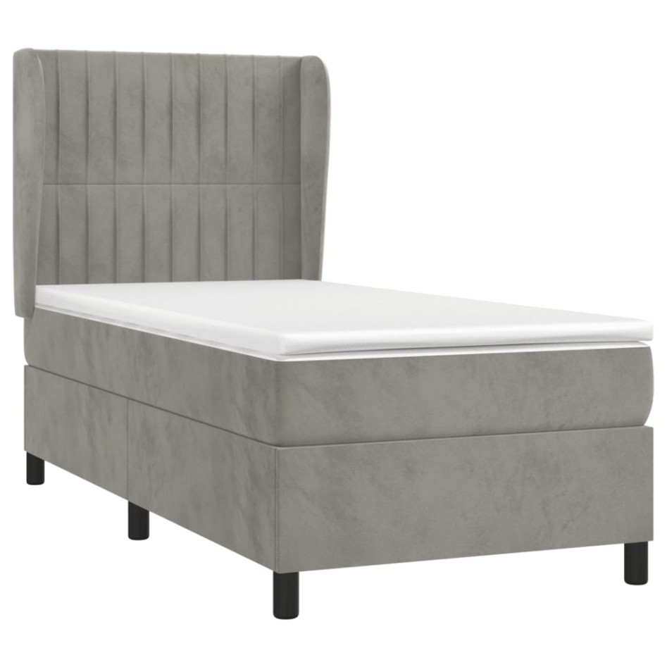 Cama box spring con colchón terciopelo gris claro 100x200