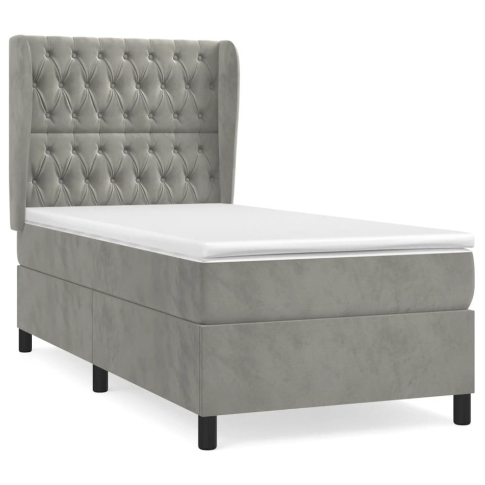 Cama box spring con colchón terciopelo gris claro 80x200