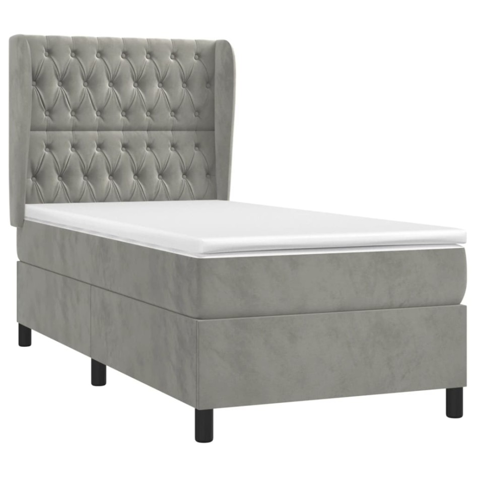 Cama box spring con colchón terciopelo gris claro 80x200