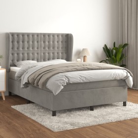 Cama box spring con colchón terciopelo gris claro 140x200