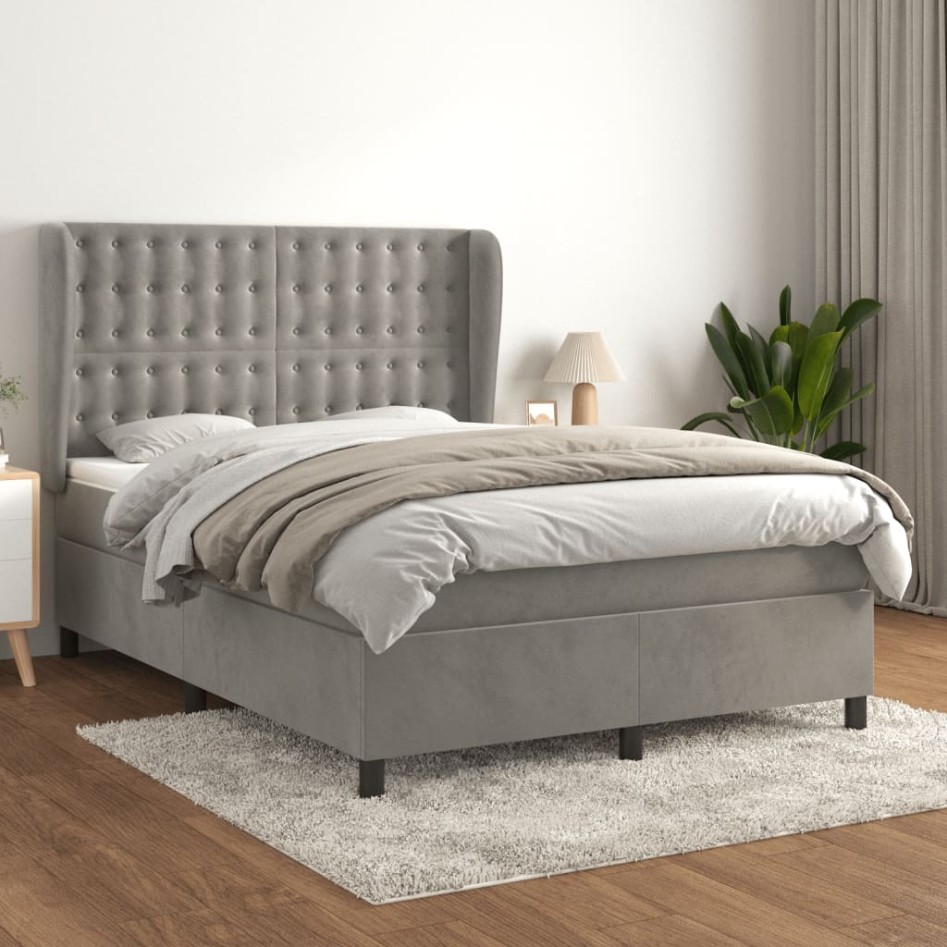 Cama box spring con colchón terciopelo gris claro 140x200