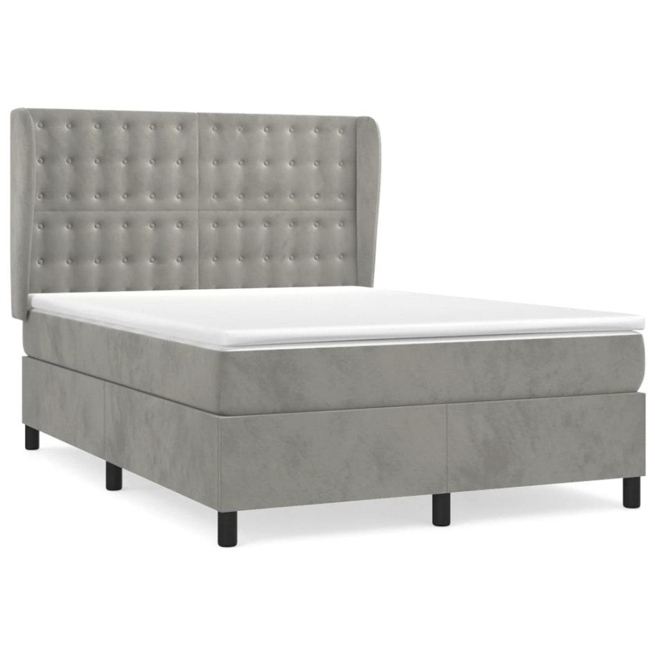 Cama box spring con colchón terciopelo gris claro 140x200
