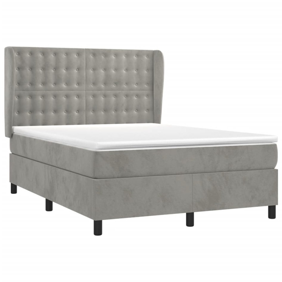 Cama box spring con colchón terciopelo gris claro 140x200