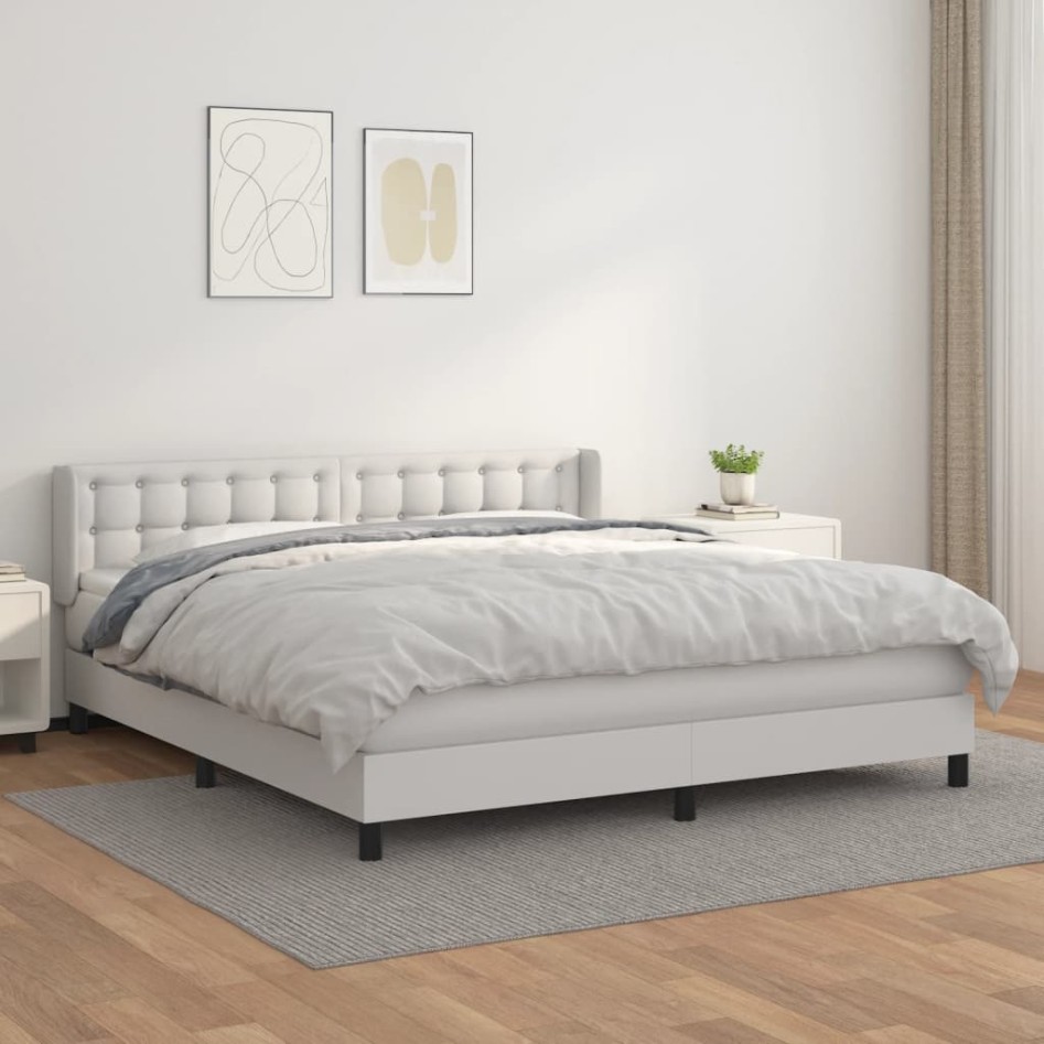 Cama box spring con colchón cuero sintético blanco 180x200