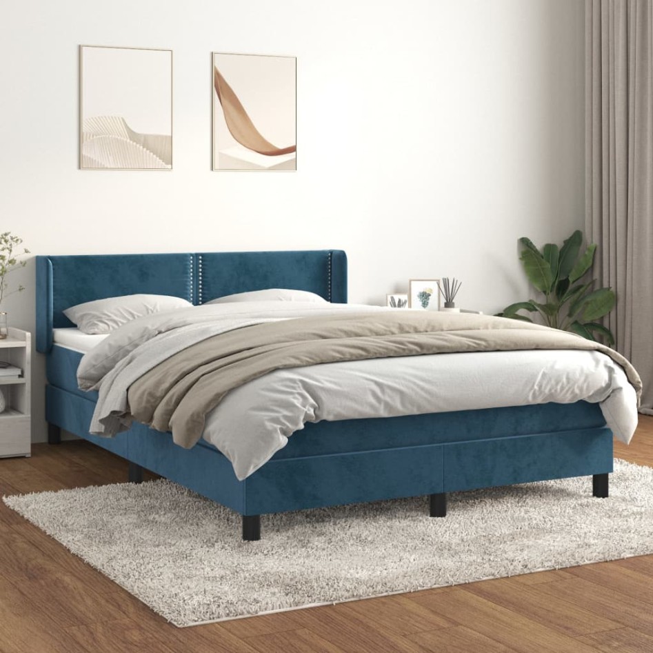 Cama box spring con colchón terciopelo azul oscuro 140x190