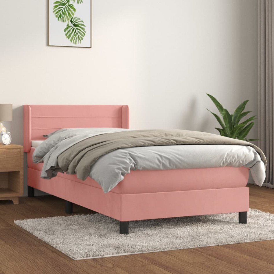 Cama box spring con colchón terciopelo rosa 90x200