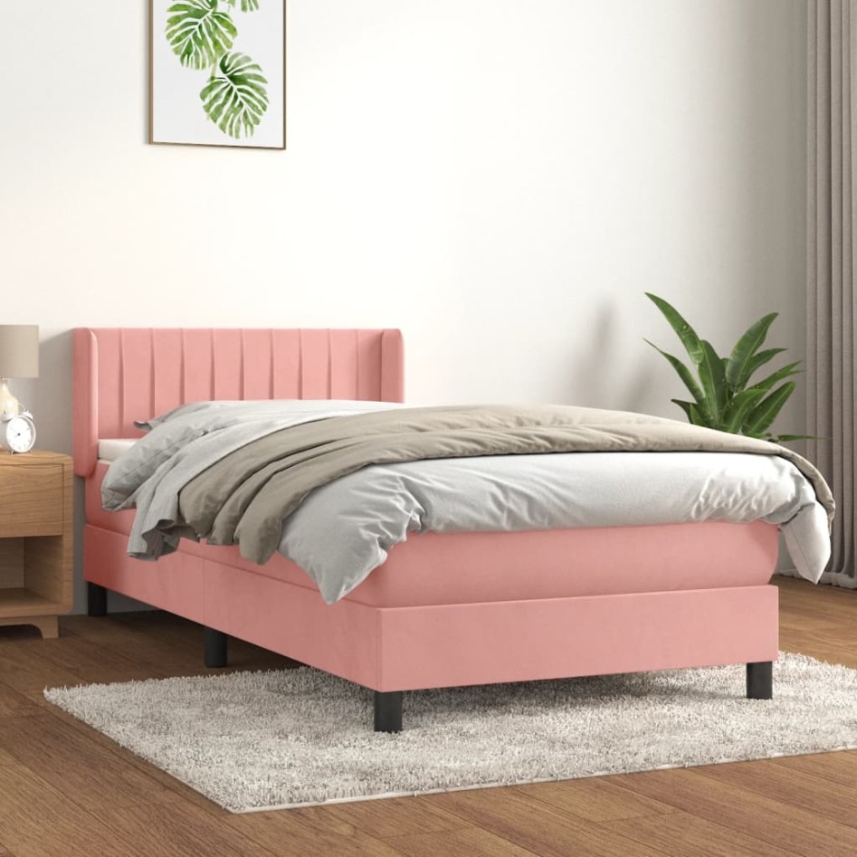 Cama box spring con colchón terciopelo rosa 90x190