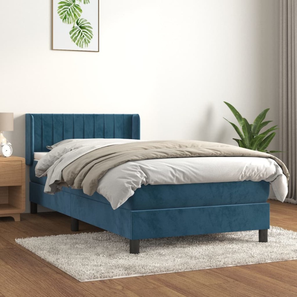 Cama box spring con colchón terciopelo azul oscuro 90x200