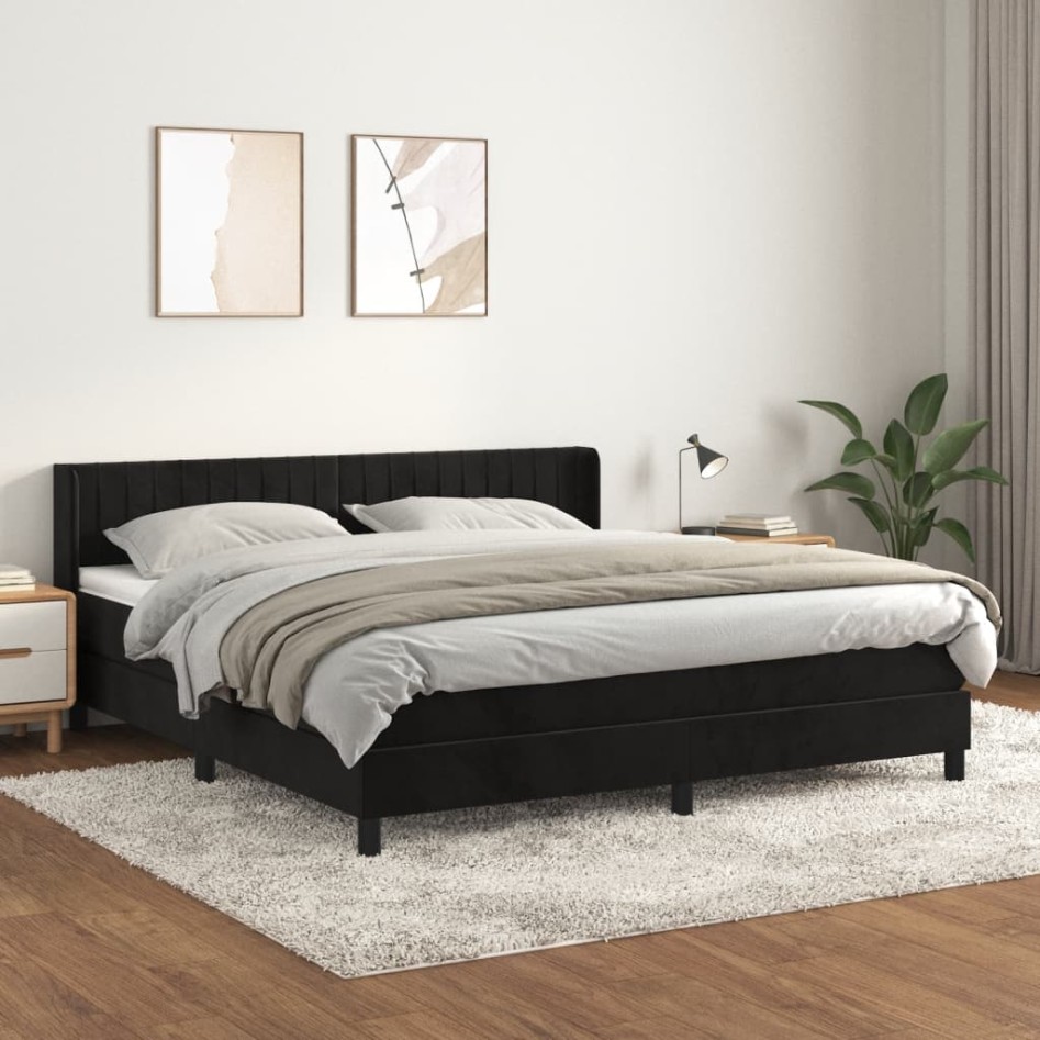 Cama box spring con colchón terciopelo negro 160x200