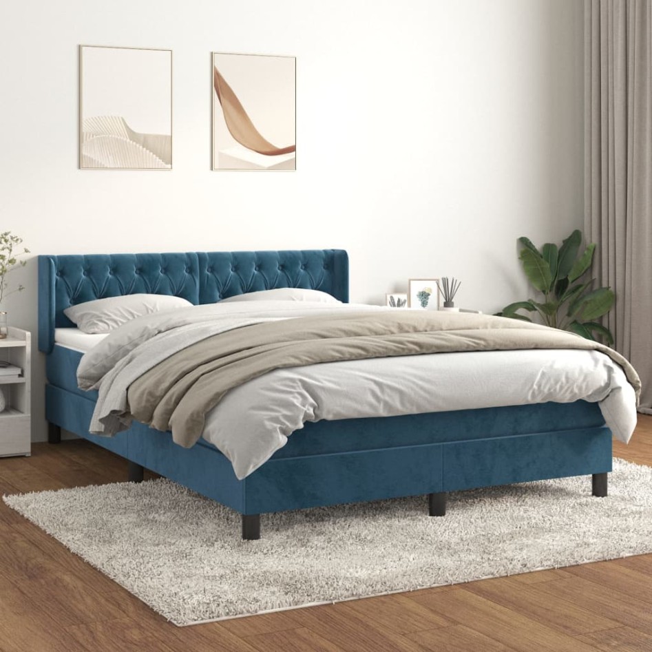 Cama box spring con colchón terciopelo azul oscuro 140x190