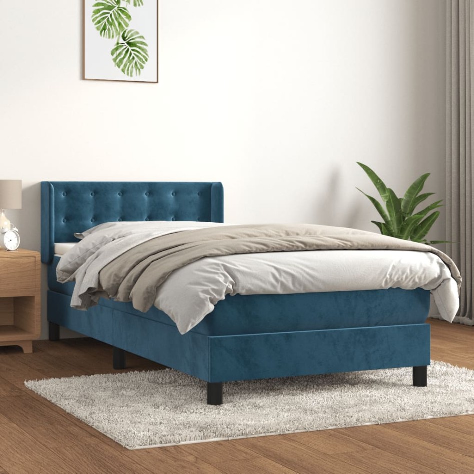 Cama box spring con colchón terciopelo azul oscuro 100x200