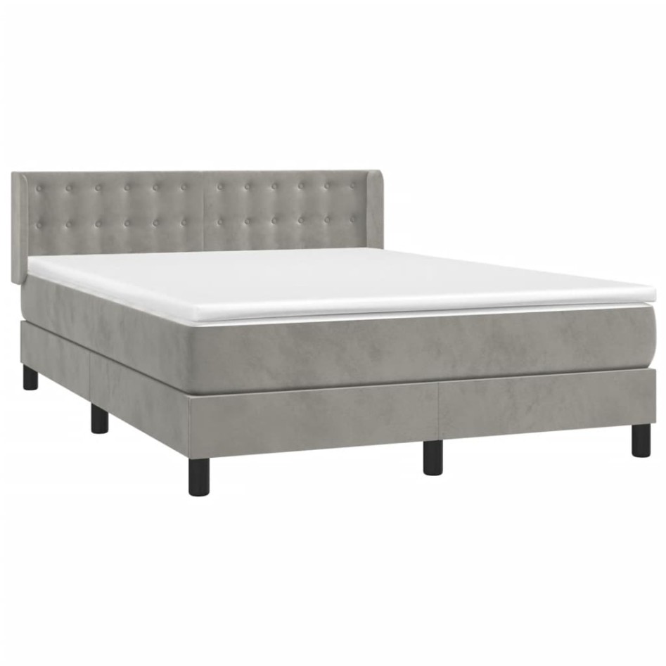 Cama box spring con colchón terciopelo gris claro 140x200