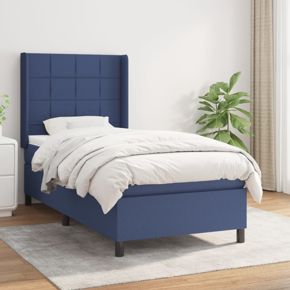 Cama box spring con colchón tela azul 90x190