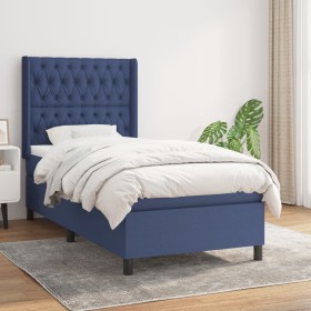 Cama box spring con colchón tela azul 100x200