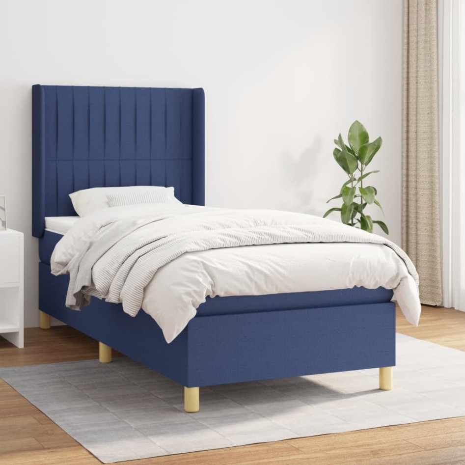 Cama box spring con colchón tela azul 90x190