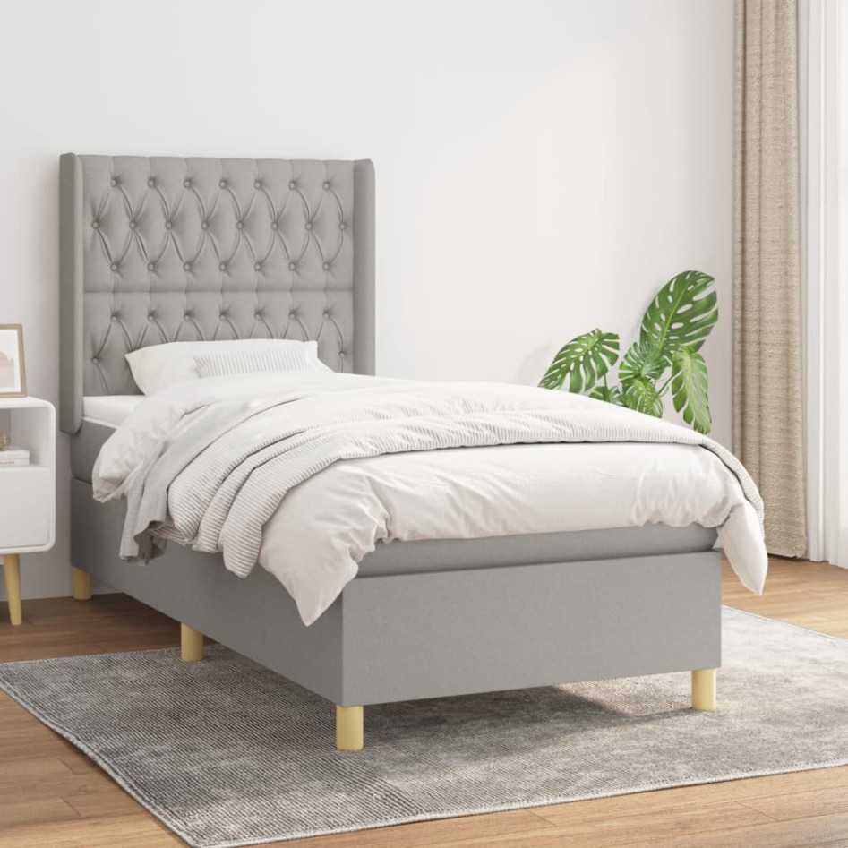 Cama box spring con colchón tela gris claro 100x200