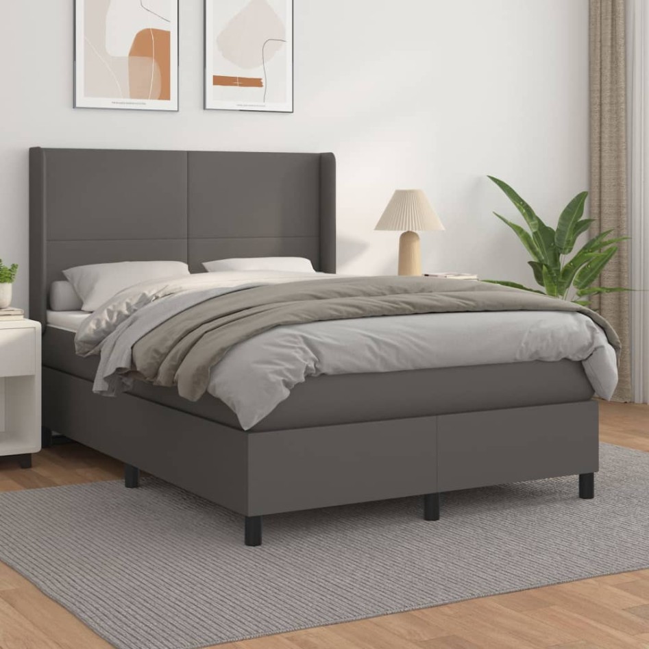 Cama box spring con colchón cuero sintético gris 140x190