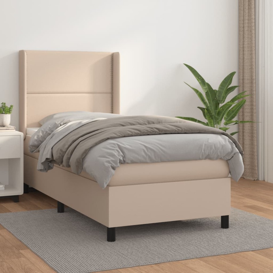Cama box spring con colchón cuero sintético capuchino 90x200