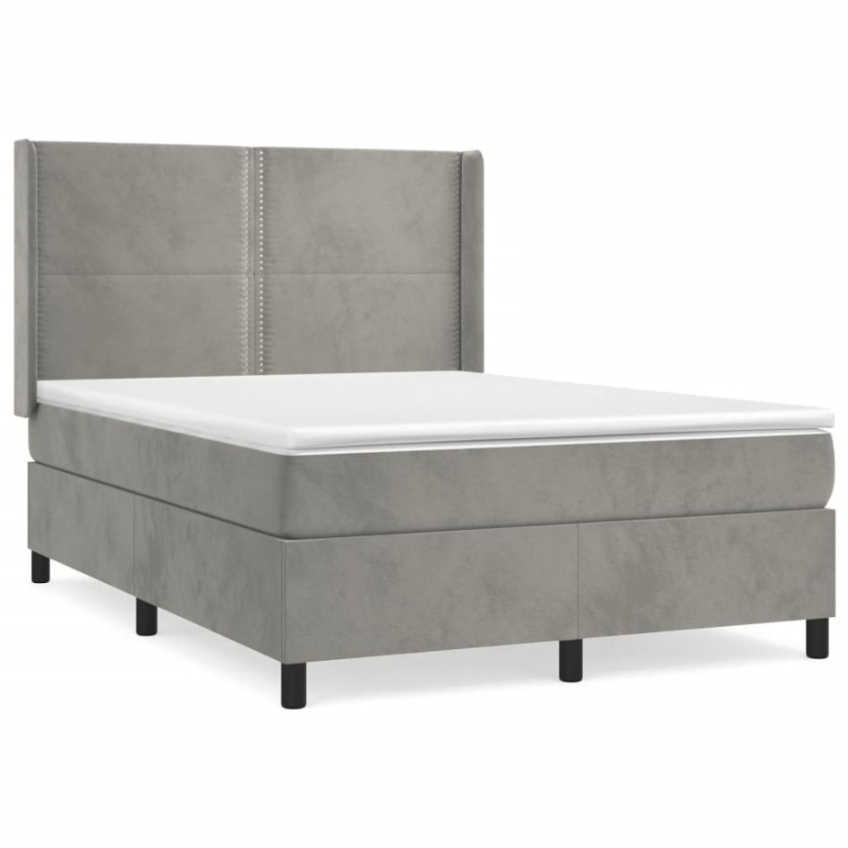 Cama box spring con colchón terciopelo gris claro 140x200