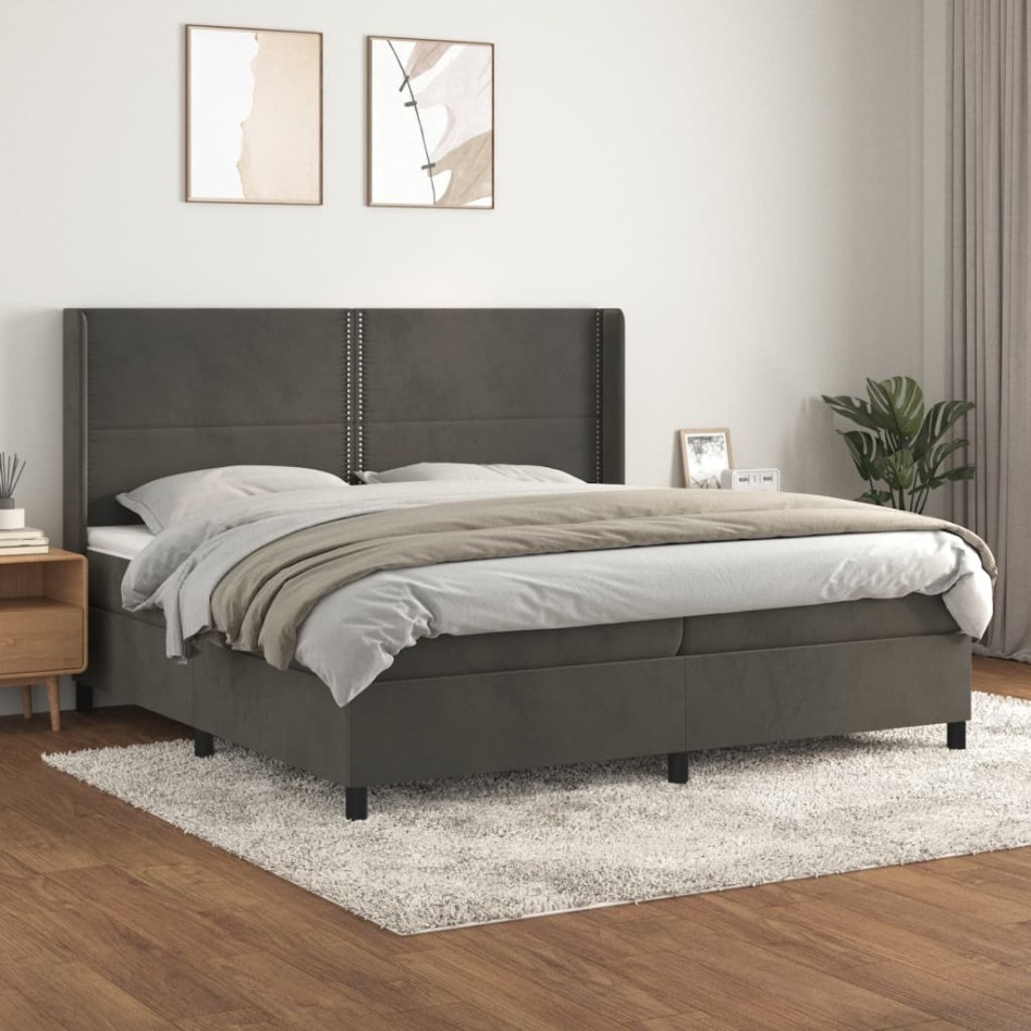 Cama box spring con colchón terciopelo gris oscuro 200x200