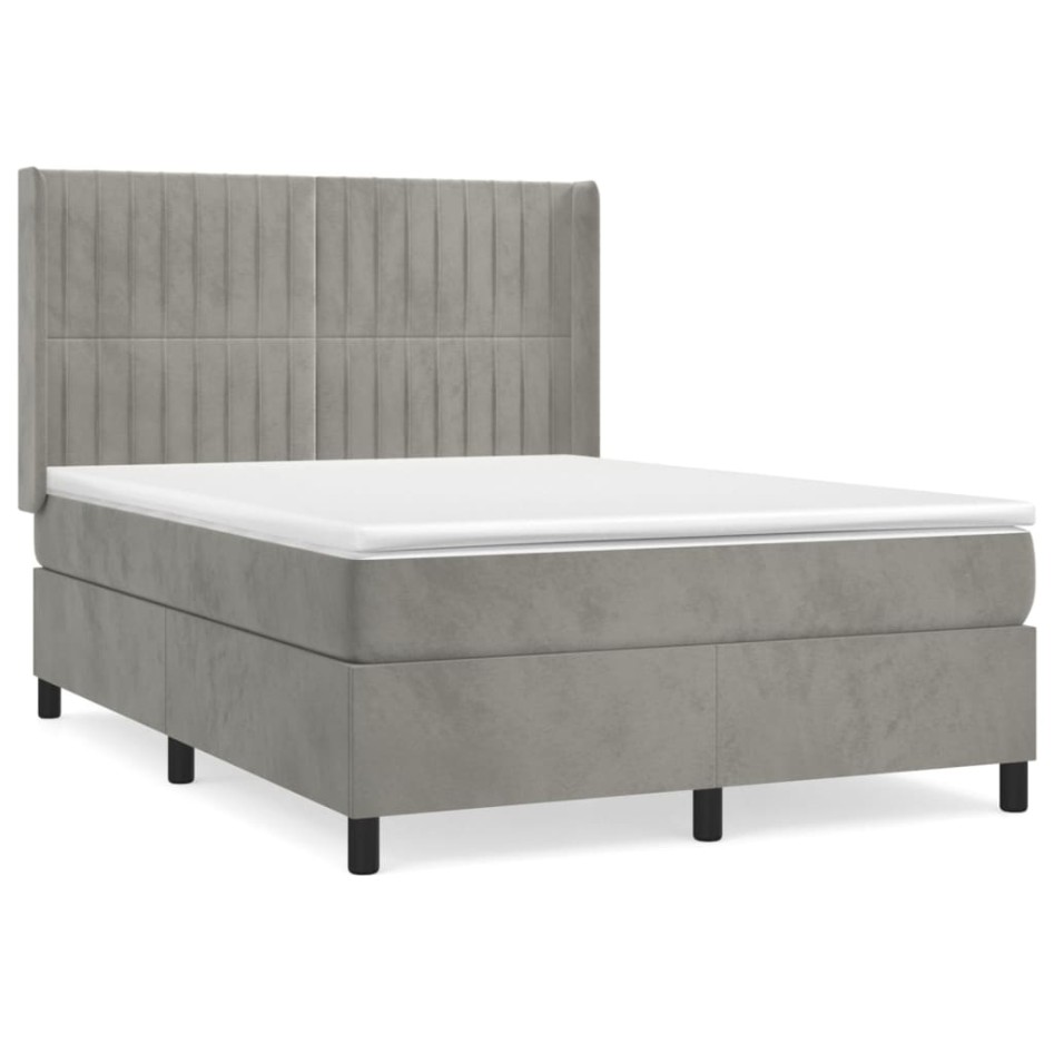 Cama box spring con colchón terciopelo gris claro 140x200