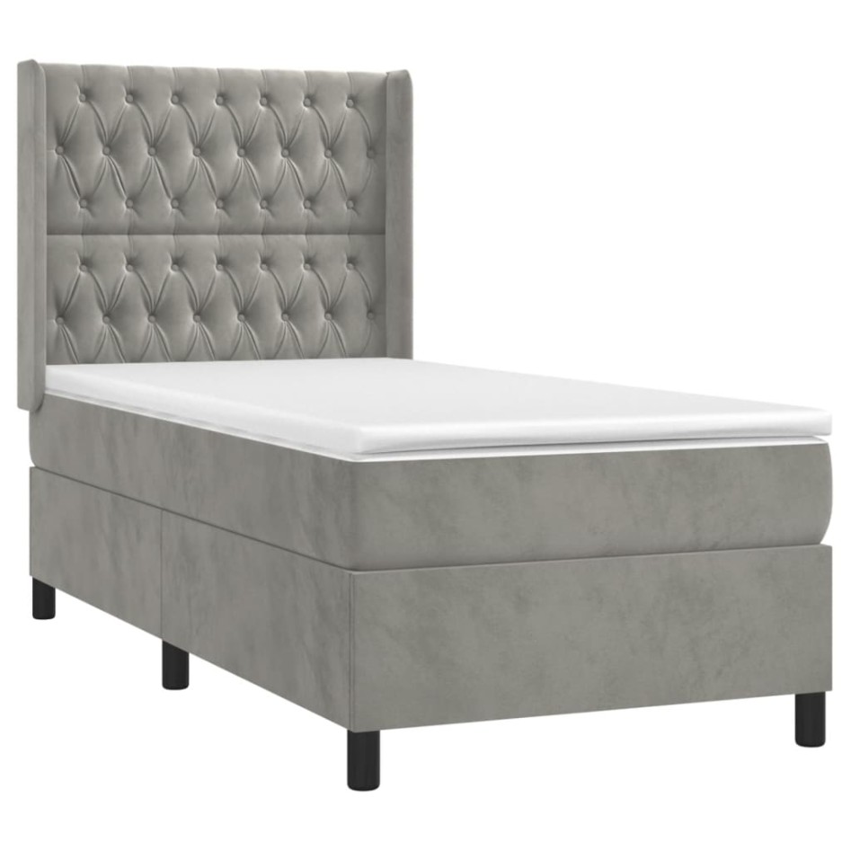 Cama box spring con colchón terciopelo gris claro 100x200