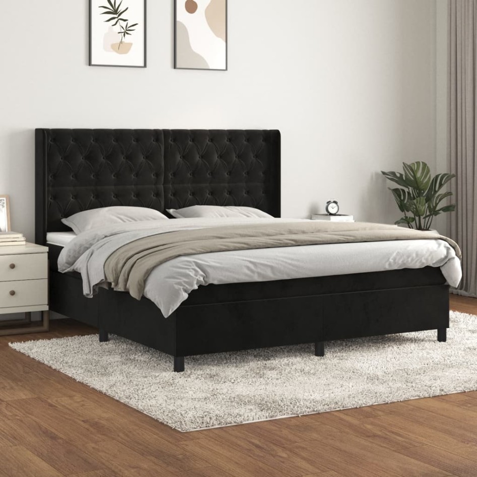 Cama box spring con colchón terciopelo negro 160x200