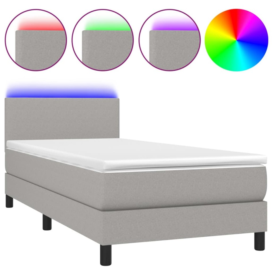 Cama box spring con colchón tela y LED gris claro 100x200