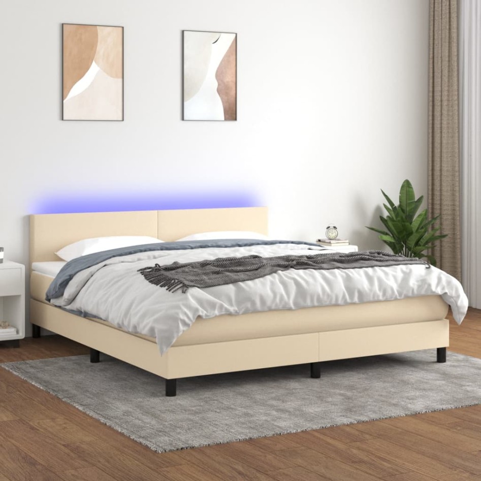 Cama box spring con colchón y LED tela crema 180x200