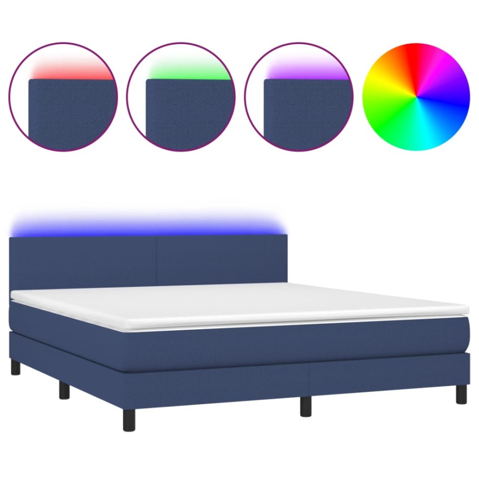 Cama box spring con colchón y LED tela azul 160x200